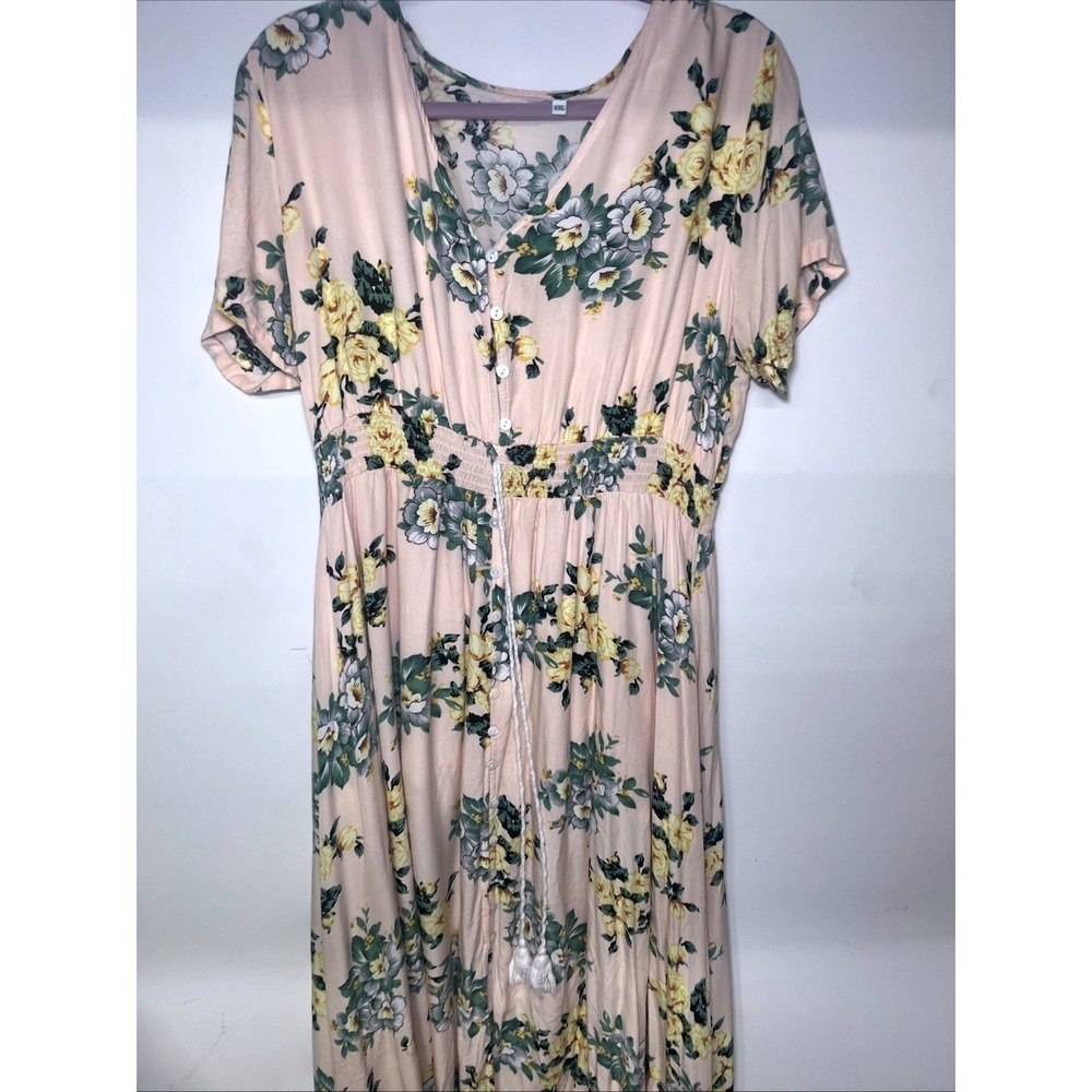 Womens XXL Floral Midi Dress Pink Yellow Cottagecore Smocked Waist Romantic - Picture 2 of 10